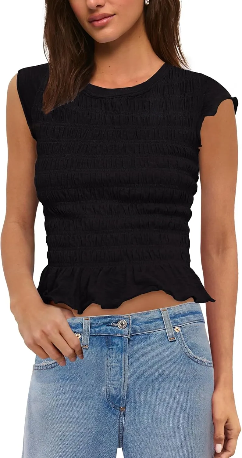 ReachMe Womens Smocked Ruched Tops Cap Sleeve T Shirts Crewneck Fitted Cropped T Shirts Ruffle Cute Summer Outfits