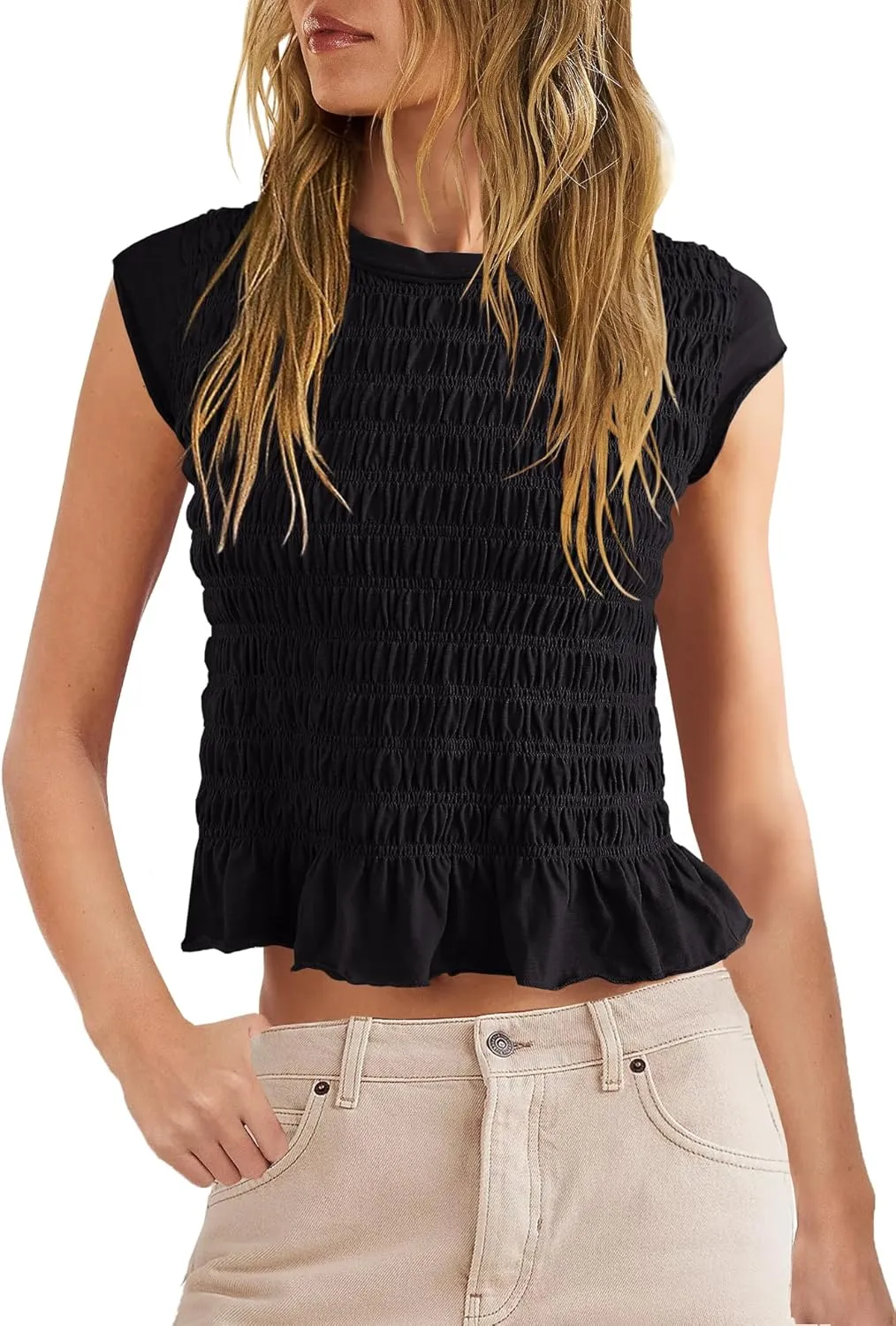 ReachMe Womens Smocked Ruched Tops Cap Sleeve T Shirts Crewneck Fitted Cropped T Shirts Ruffle Cute Summer Outfits