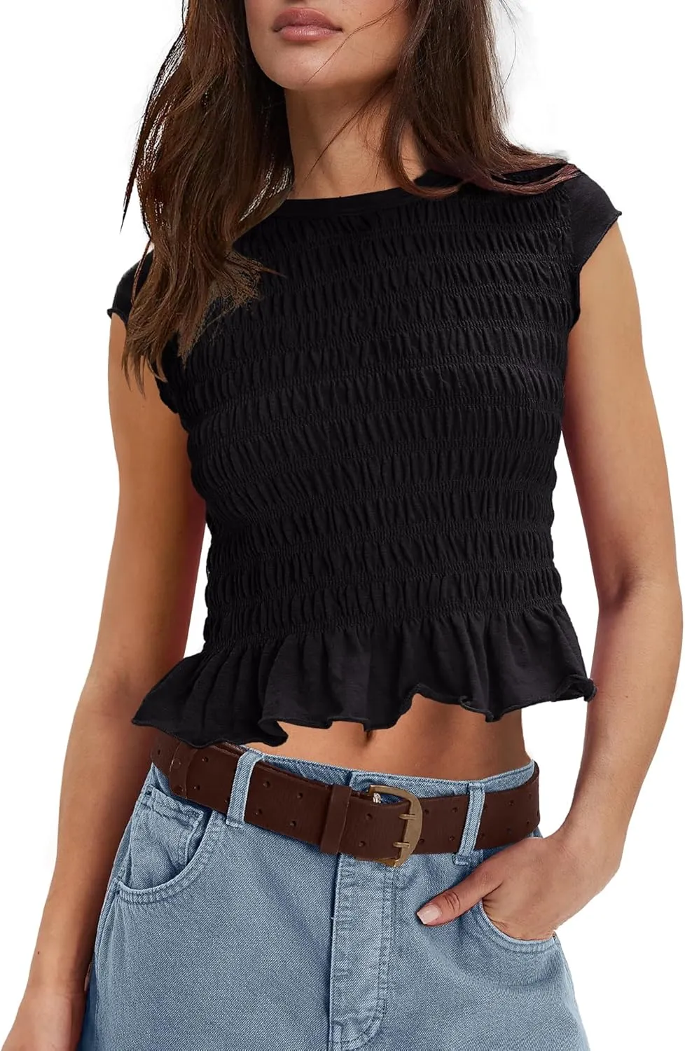 ReachMe Womens Smocked Ruched Tops Cap Sleeve T Shirts Crewneck Fitted Cropped T Shirts Ruffle Cute Summer Outfits