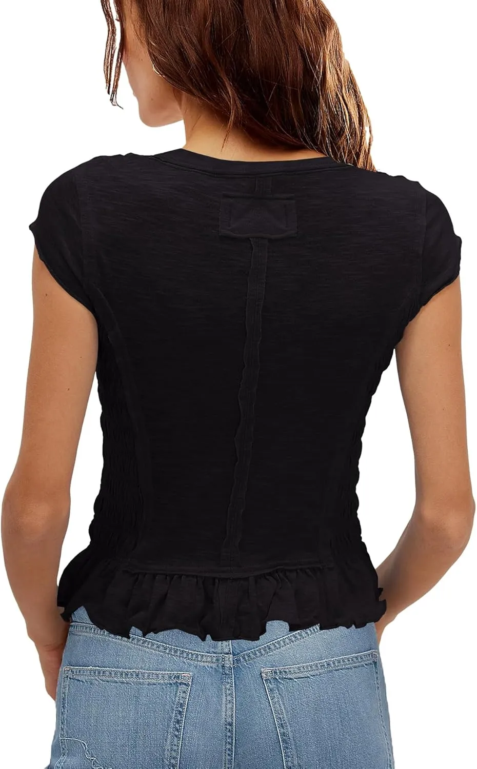 ReachMe Womens Smocked Ruched Tops Cap Sleeve T Shirts Crewneck Fitted Cropped T Shirts Ruffle Cute Summer Outfits