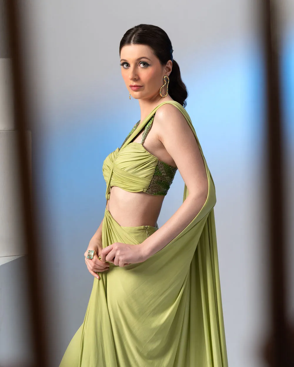Ring Detailed Pre-Draped Saree
