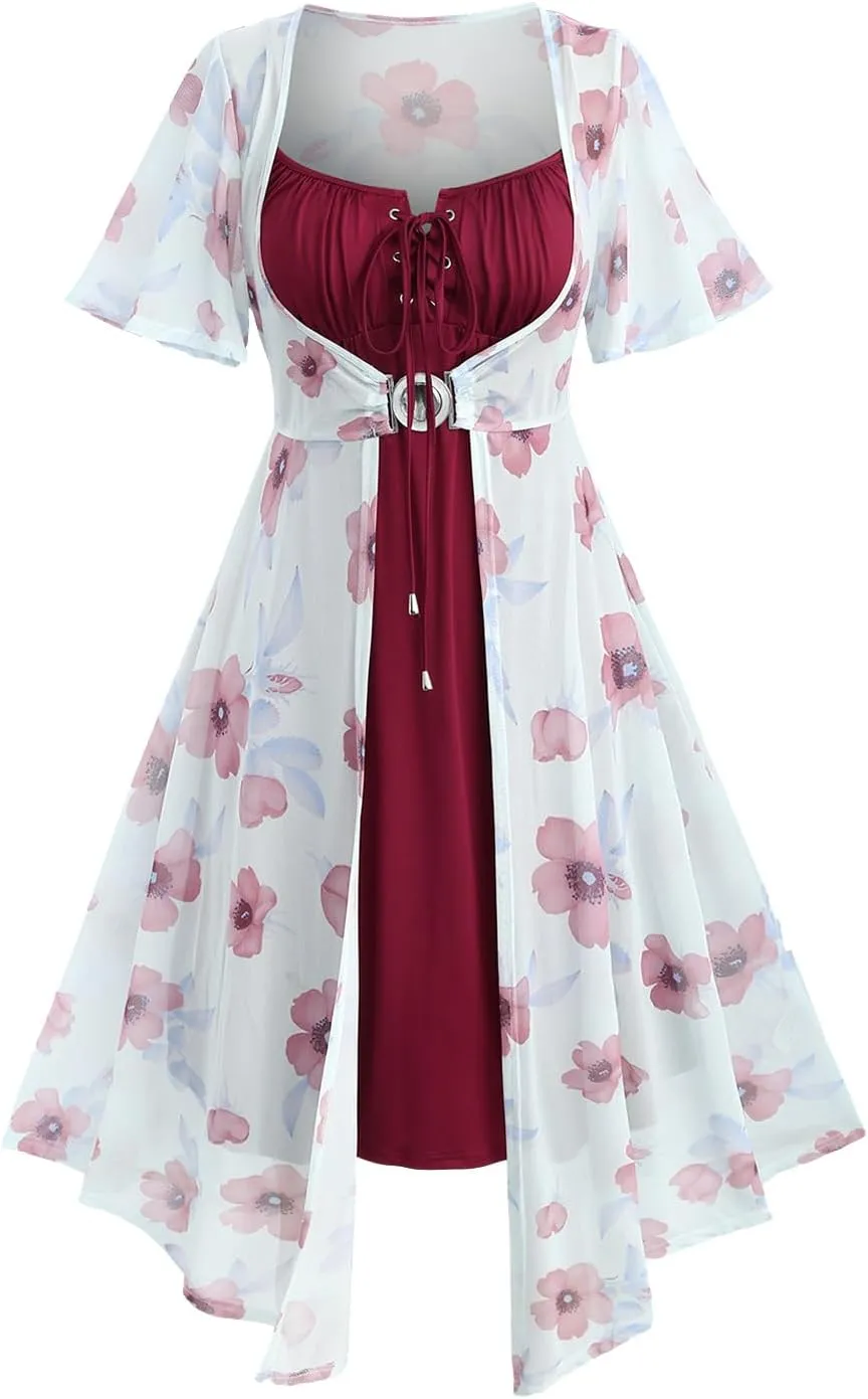 ROSE GAL Rosegal Plus Size Women Sundress Set Flutter Sleeves Floral Dress and Lace-up Cami Dress