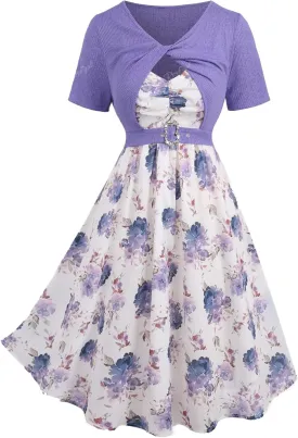 Rosegal Plus Size Women Floral Sundress Set Chiffon Vintage Cami Dress and Twist Ribbed Crop Set Dress