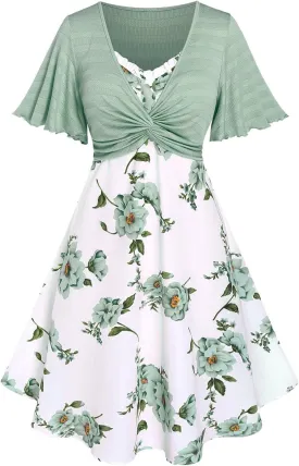 Rosegal Plus Size Women Floral Sundress Set Twisted Crop Top and Cottagecore Ruffles Floral Cami Dress
