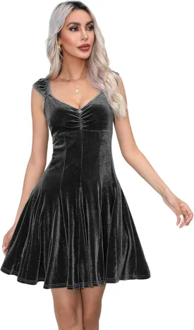 R.Vivimos Women's Fall Velvet Party Dress Sleeveless V Neck Empire Waist Elastic Fit and Flare Swing Mini Dress