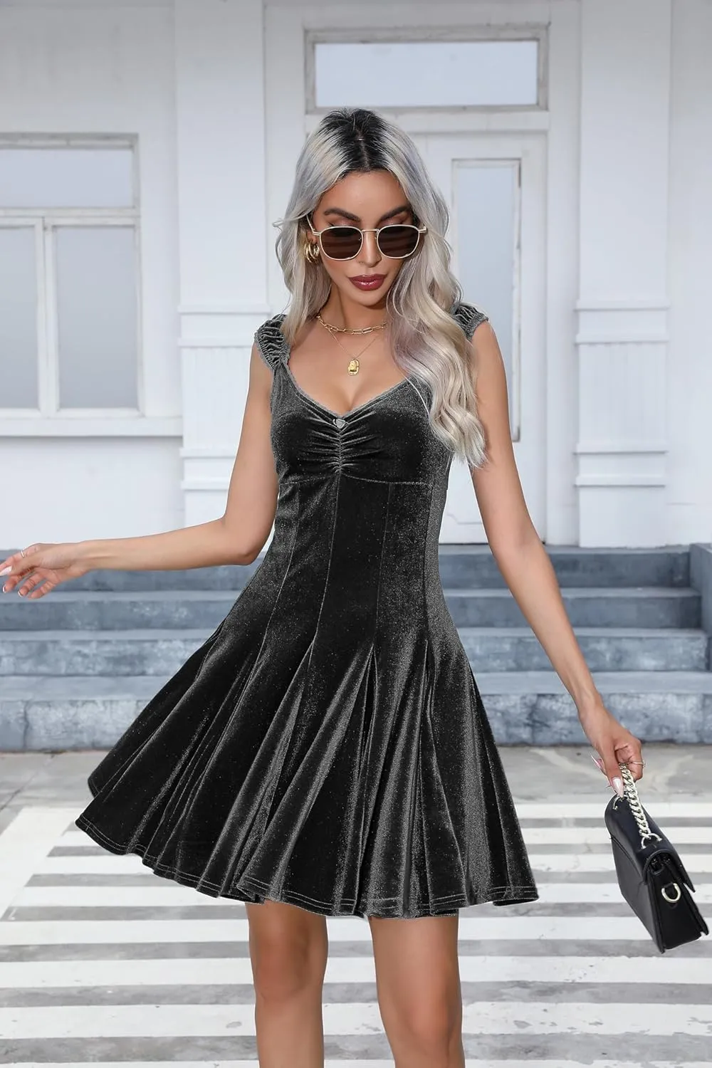 R.Vivimos Women's Fall Velvet Party Dress Sleeveless V Neck Empire Waist Elastic Fit and Flare Swing Mini Dress
