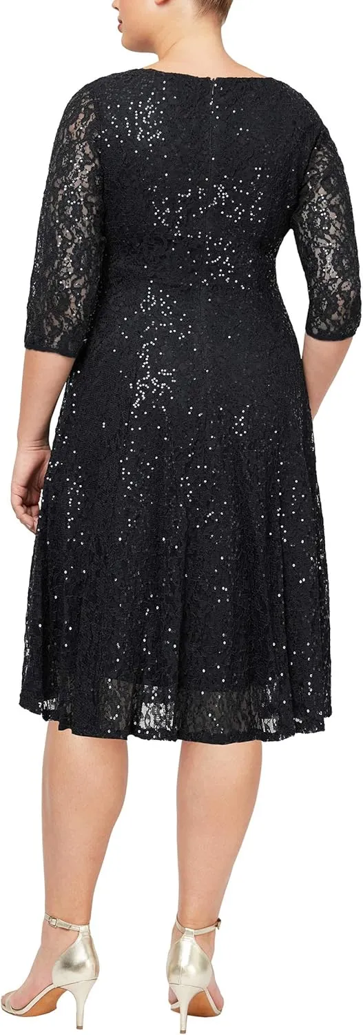 S.L. Fashions Women's Plus Size Sequin Lace Fit and Flare Dress