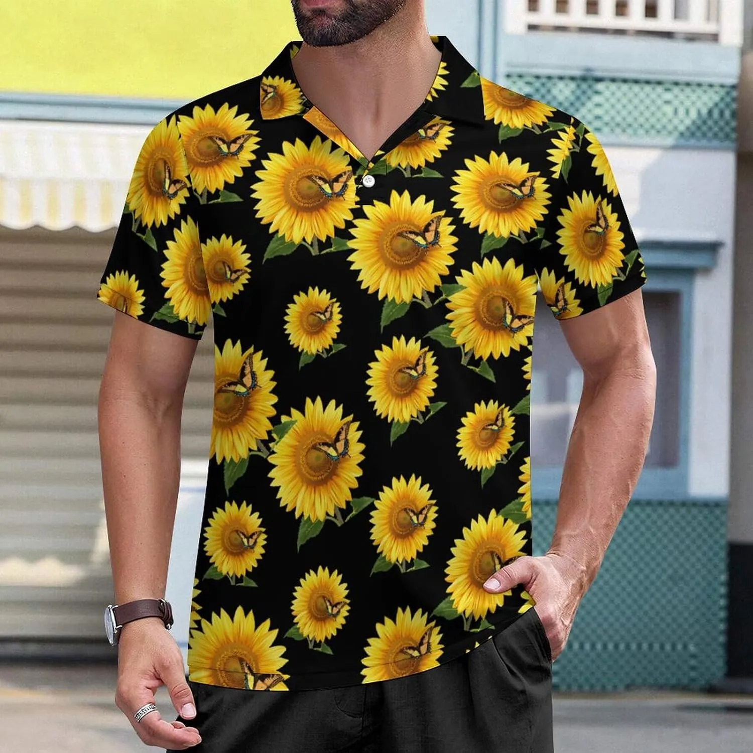 Sunflower Butterfly Mens Polo Shirts Short Sleeve Mesh Gym T-Shirt Summer Tee Top