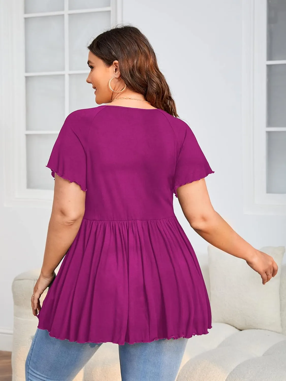 SweatyRocks Women's Plus Size Short Sleeve Deep V Neck Ruffle Hem Blouse Pleated Flared Peplum Top