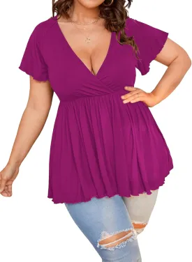 SweatyRocks Women's Plus Size Short Sleeve Deep V Neck Ruffle Hem Blouse Pleated Flared Peplum Top