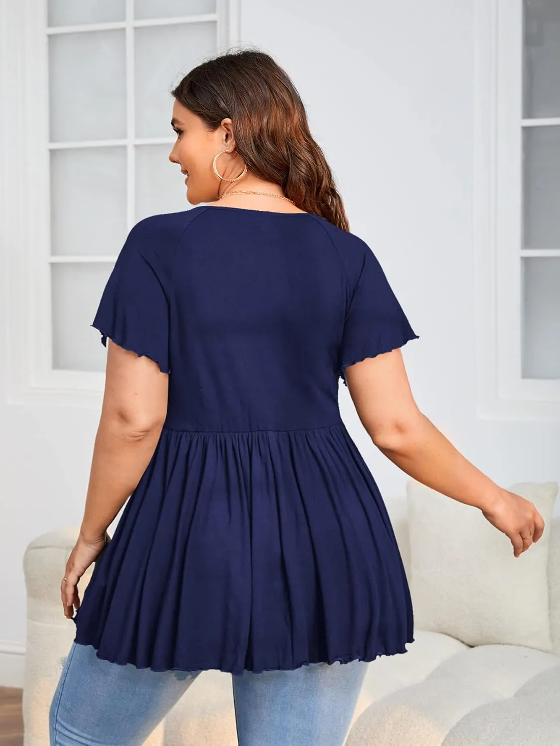 SweatyRocks Women's Plus Size Short Sleeve Deep V Neck Ruffle Hem Blouse Pleated Flared Peplum Top