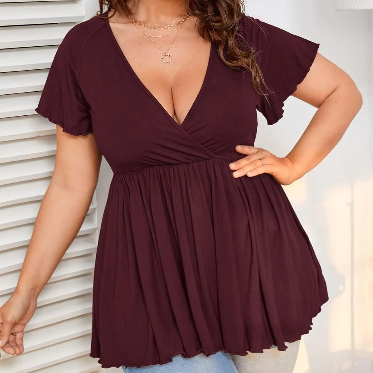 SweatyRocks Women's Plus Size Short Sleeve Deep V Neck Ruffle Hem Blouse Pleated Flared Peplum Top