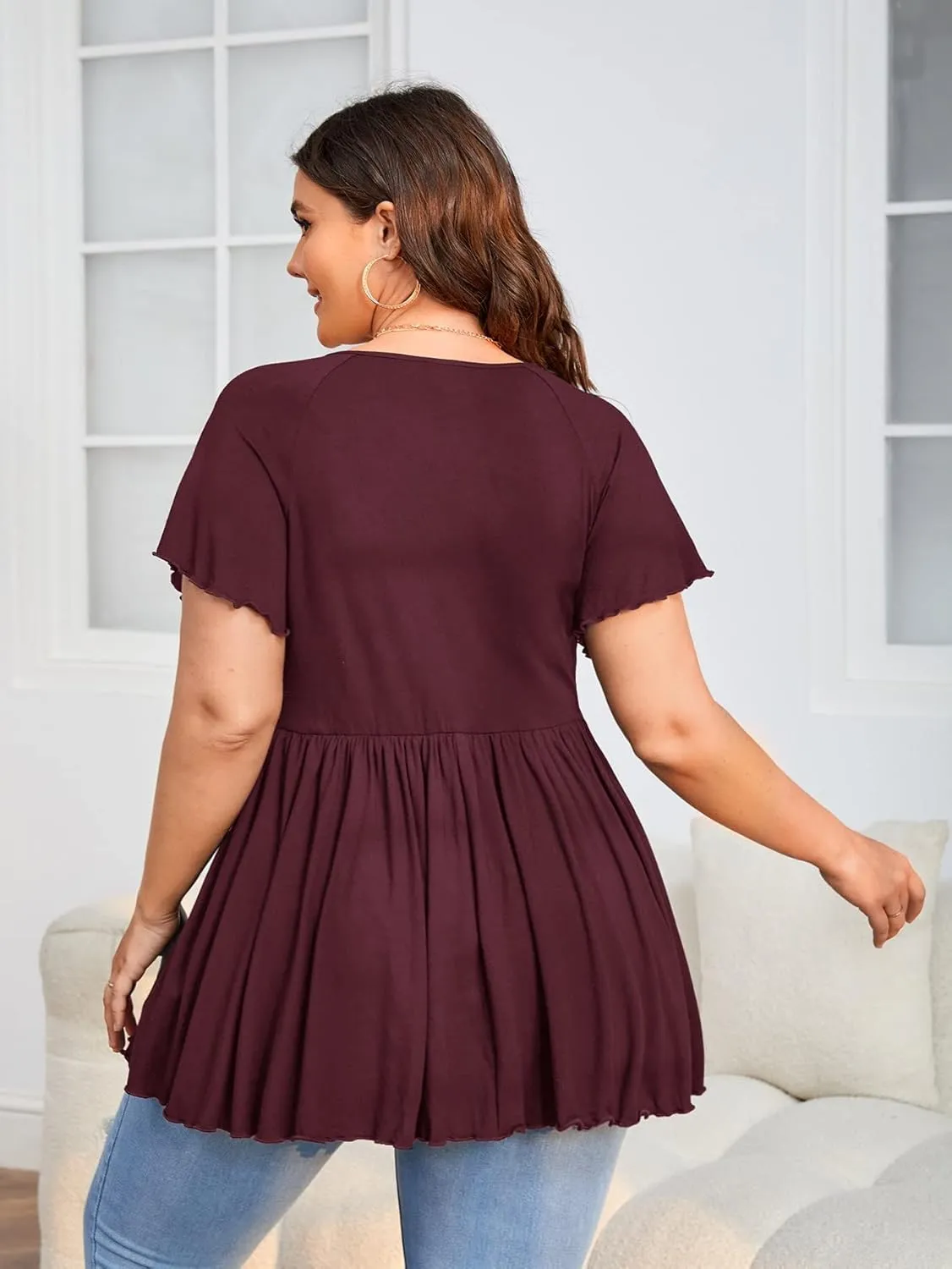 SweatyRocks Women's Plus Size Short Sleeve Deep V Neck Ruffle Hem Blouse Pleated Flared Peplum Top
