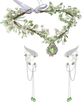 SWEETV Fairy Crown Elf Ears Cuffs Set Flower Crown Headpiece Halloween Elves Cosplay Set Renaissance Costume Medieval Tiara