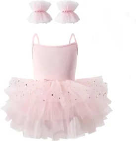 Toddler Girls Ballet Dress Toddler Dance Leotard Tutu with Shiny Tulle Ballerina Costume with Tulle Cuffs