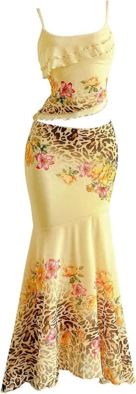 Verdusa Women's 2 Piece Floral Leopard Print Outfit Layered Ruffle Cami Top and Fishtail Maxi Skirt Set