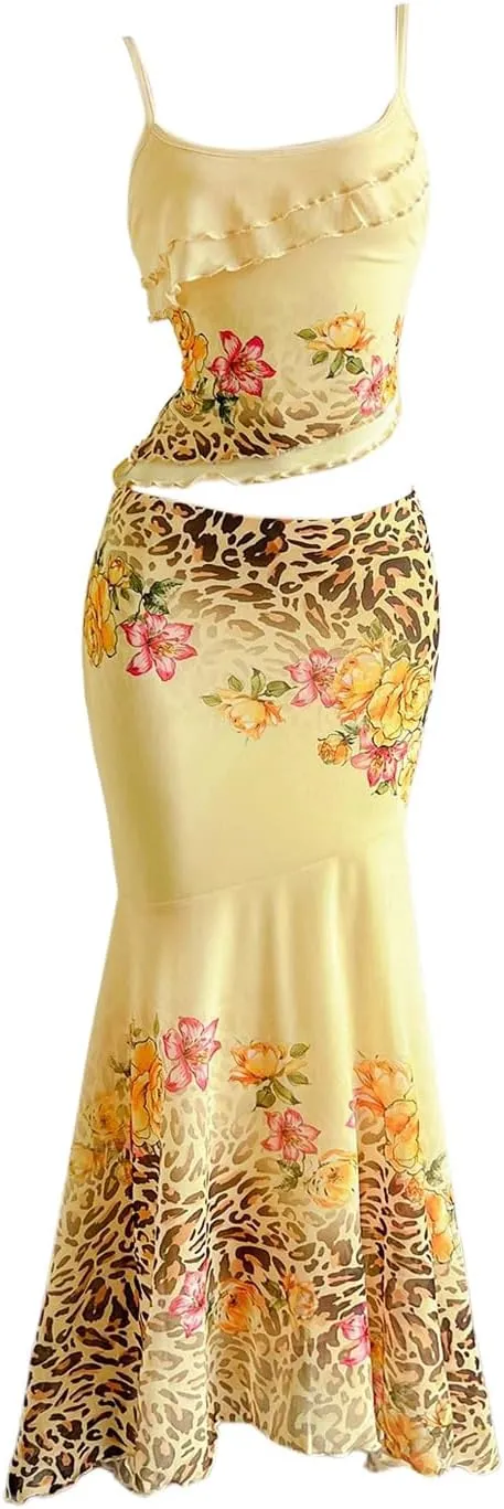 Verdusa Women's 2 Piece Floral Leopard Print Outfit Layered Ruffle Cami Top and Fishtail Maxi Skirt Set