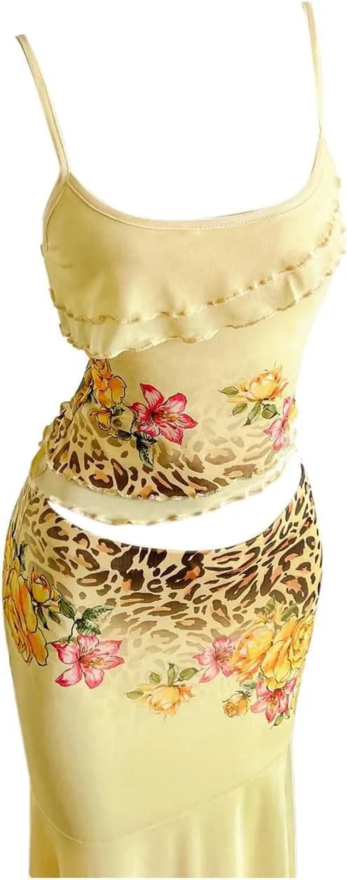 Verdusa Women's 2 Piece Floral Leopard Print Outfit Layered Ruffle Cami Top and Fishtail Maxi Skirt Set