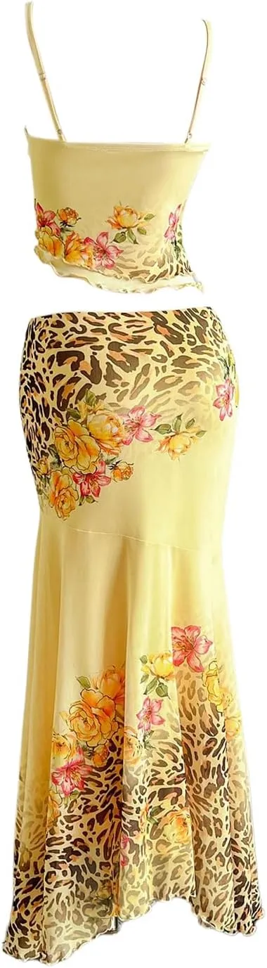 Verdusa Women's 2 Piece Floral Leopard Print Outfit Layered Ruffle Cami Top and Fishtail Maxi Skirt Set