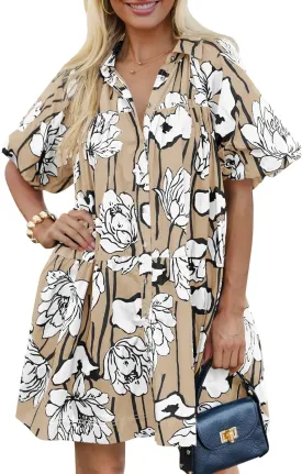Wenrine Women's Summer Button Down Shirt Dress Floral Puff Short Sleeve Casual Loose Fit Beach Mini Dresses