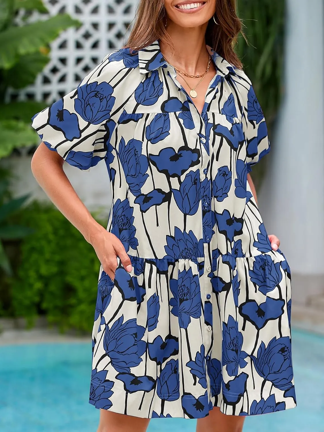 Wenrine Women's Summer Button Down Shirt Dress Floral Puff Short Sleeve Casual Loose Fit Beach Mini Dresses
