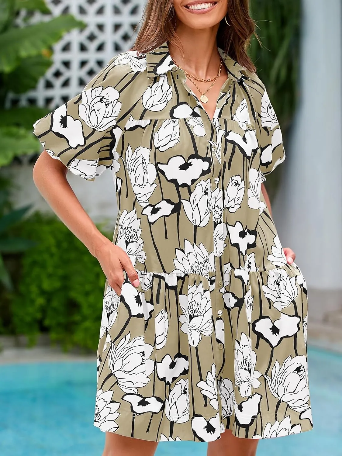 Wenrine Women's Summer Button Down Shirt Dress Floral Puff Short Sleeve Casual Loose Fit Beach Mini Dresses
