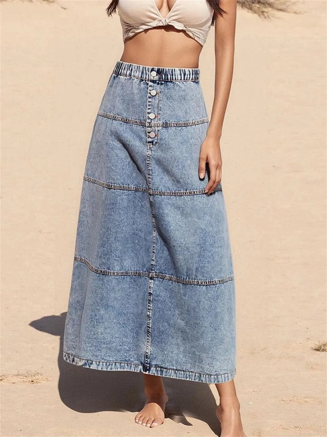 Women S High Waisted Distressed Denim Mini Skirt with Frayed Hem and Button Closure for Casual Summer Style