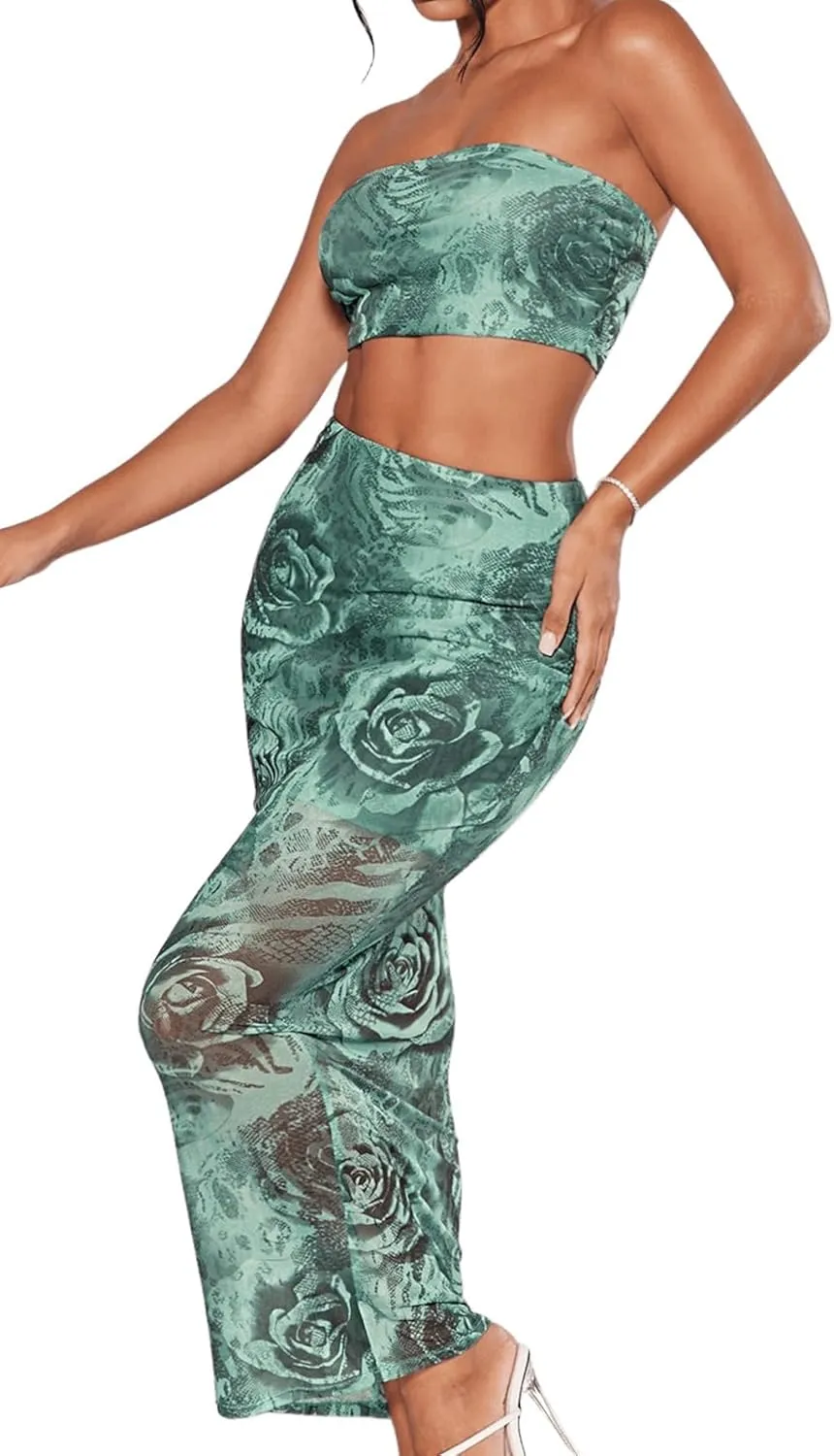 Women's 2 Piece Outfits Floral Print Mesh Strapless Tube Crop Top and High Waist Bodycon Long Maxi Skirt Set