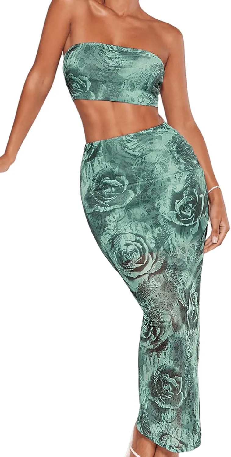 Women's 2 Piece Outfits Floral Print Mesh Strapless Tube Crop Top and High Waist Bodycon Long Maxi Skirt Set