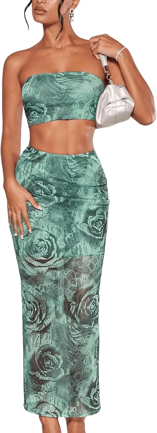 Women's 2 Piece Outfits Floral Print Mesh Strapless Tube Crop Top and High Waist Bodycon Long Maxi Skirt Set