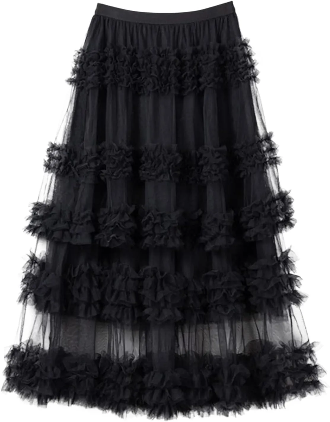 Women's A-Line Fairy Elastic Waist Tulle Midi Skirt High Waisted Slimming Peplum Mesh Skirt Fairy Long Skirt