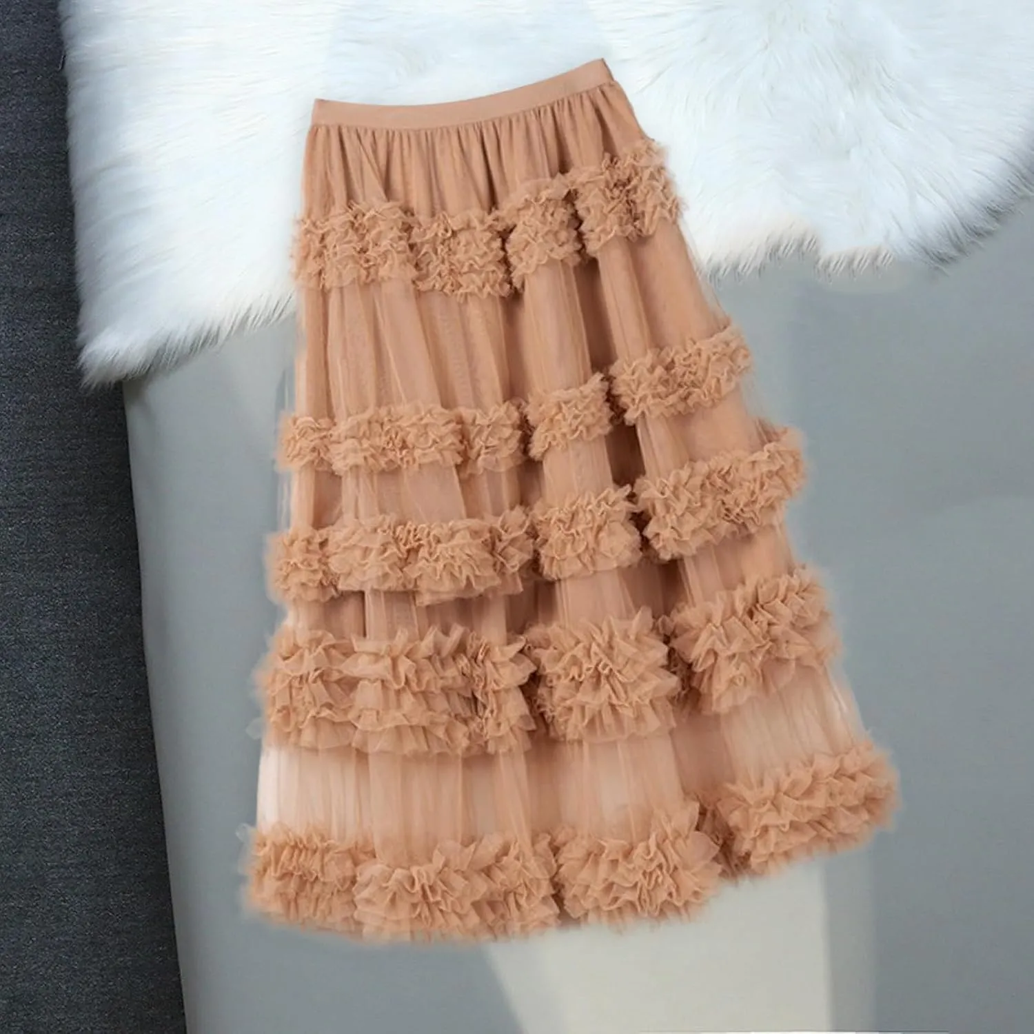 Women's A-Line Fairy Elastic Waist Tulle Midi Skirt High Waisted Slimming Peplum Mesh Skirt Fairy Long Skirt