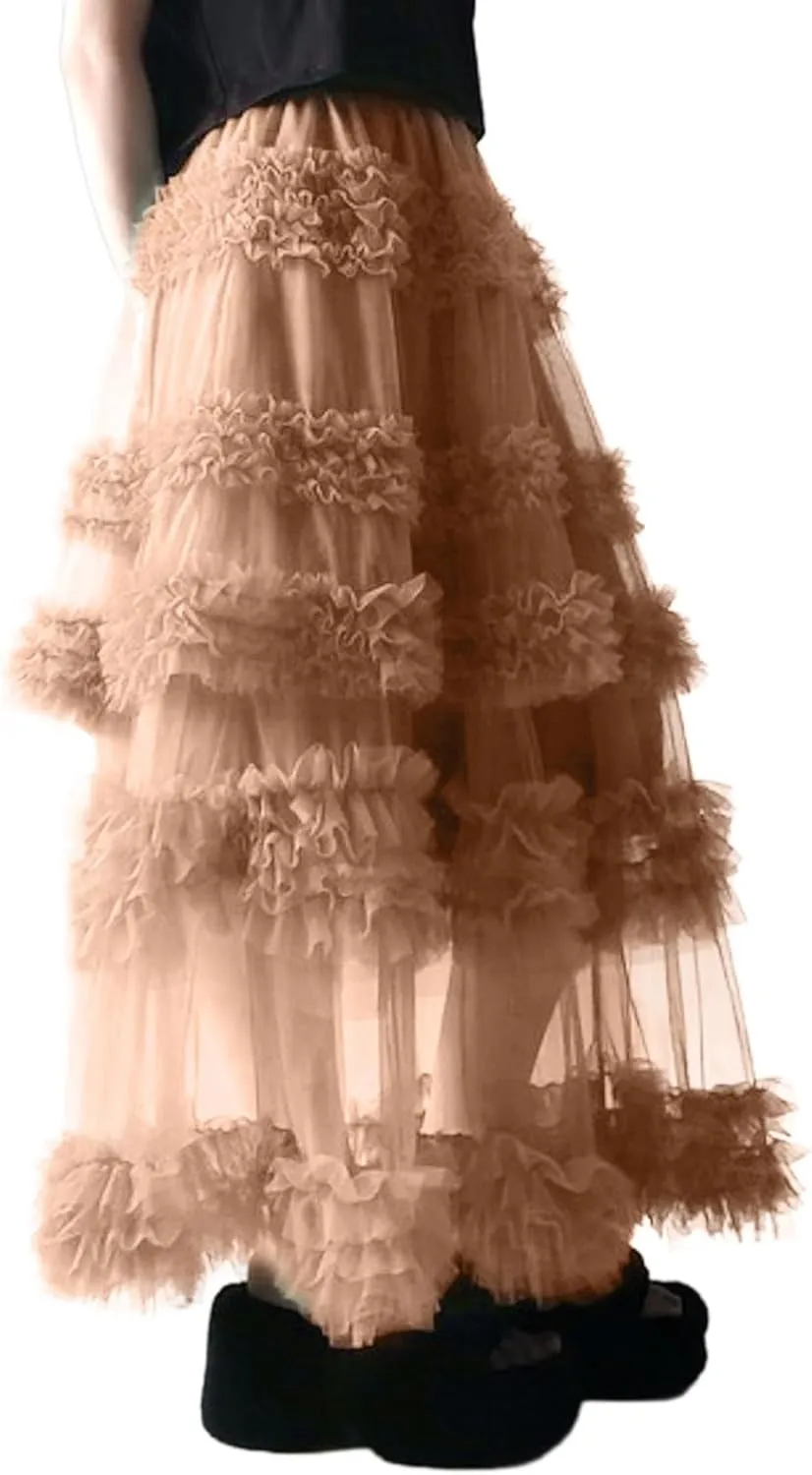 Women's A-Line Fairy Elastic Waist Tulle Midi Skirt High Waisted Slimming Peplum Mesh Skirt Fairy Long Skirt
