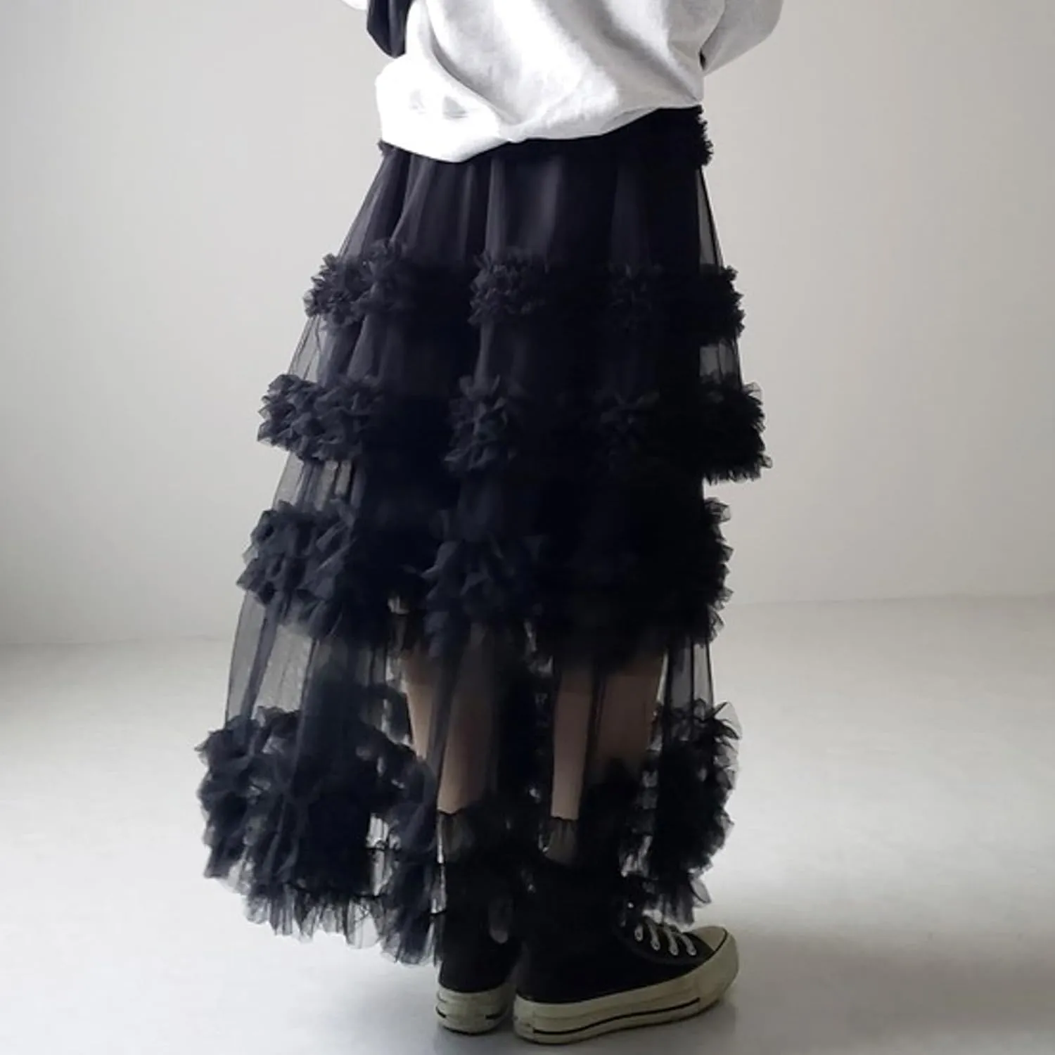 Women's A-Line Fairy Elastic Waist Tulle Midi Skirt High Waisted Slimming Peplum Mesh Skirt Fairy Long Skirt
