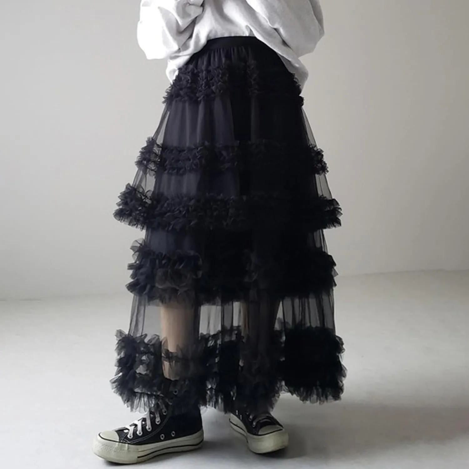 Women's A-Line Fairy Elastic Waist Tulle Midi Skirt High Waisted Slimming Peplum Mesh Skirt Fairy Long Skirt