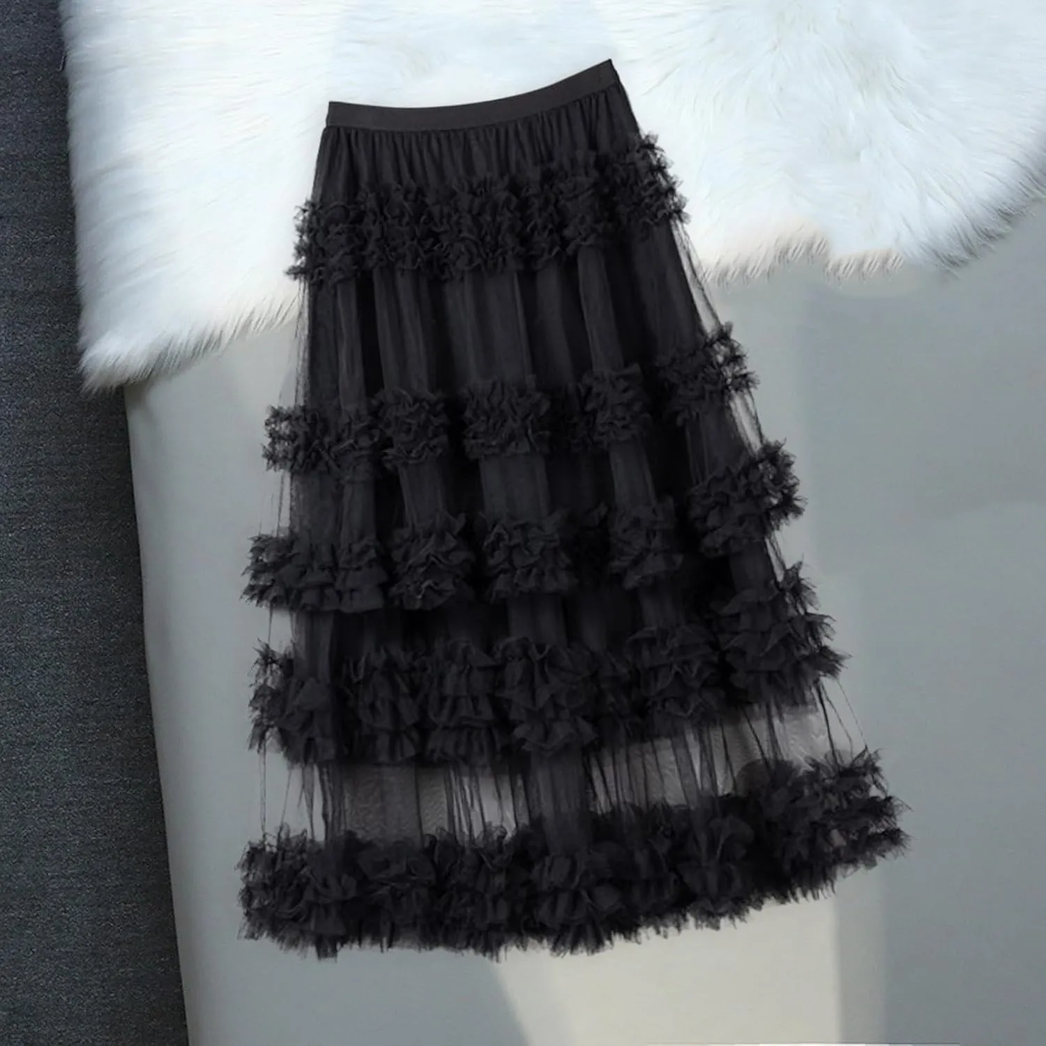 Women's A-Line Fairy Elastic Waist Tulle Midi Skirt High Waisted Slimming Peplum Mesh Skirt Fairy Long Skirt