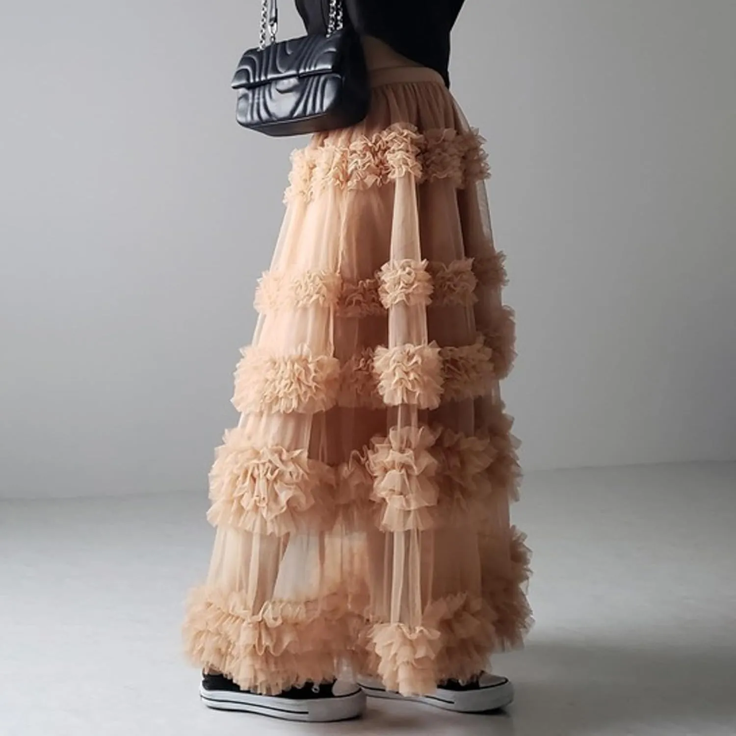Women's A-Line Fairy Elastic Waist Tulle Midi Skirt High Waisted Slimming Peplum Mesh Skirt Fairy Long Skirt