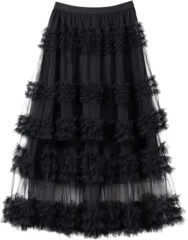 Women's A-Line Fairy Elastic Waist Tulle Midi Skirt High Waisted Slimming Peplum Mesh Skirt Fairy Long Skirt