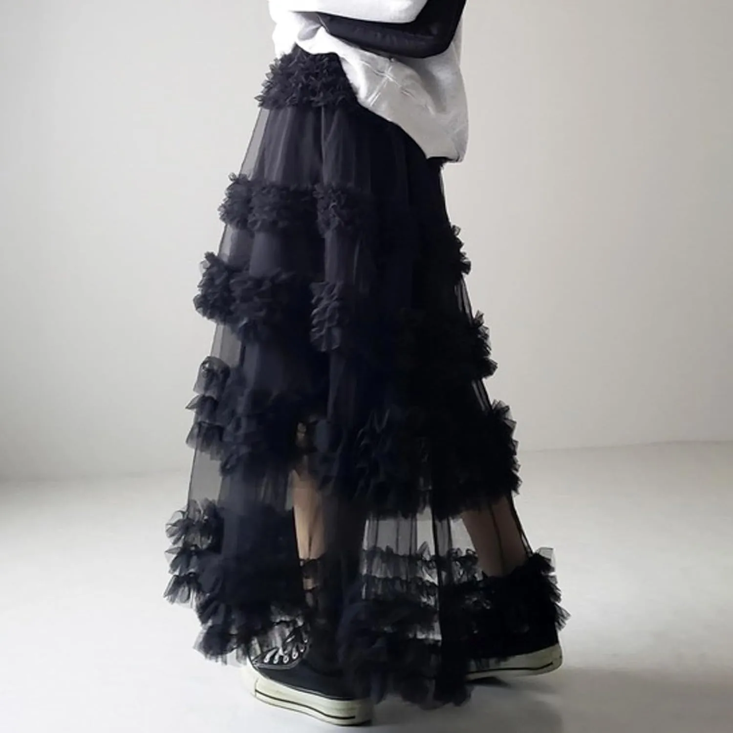 Women's A-Line Fairy Elastic Waist Tulle Midi Skirt High Waisted Slimming Peplum Mesh Skirt Fairy Long Skirt