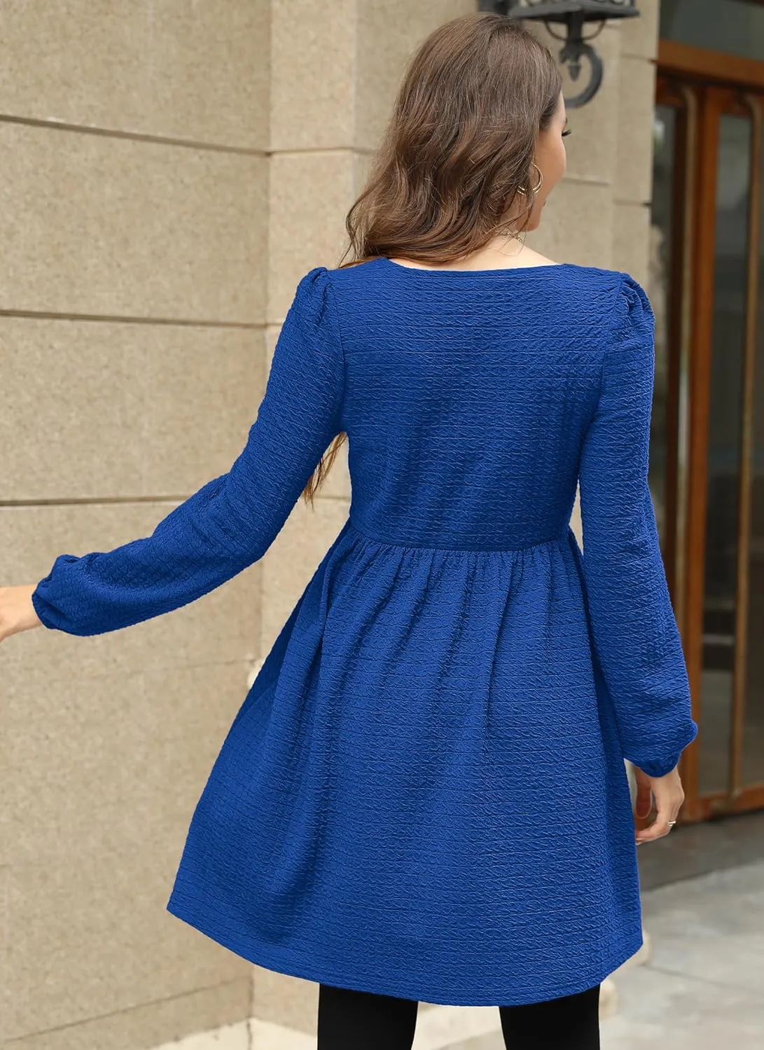 Womens Babydoll Dresses Square Neck Long Sleeve Knee Length Flowy Swing Shirring Mini Dresses Fall Dress