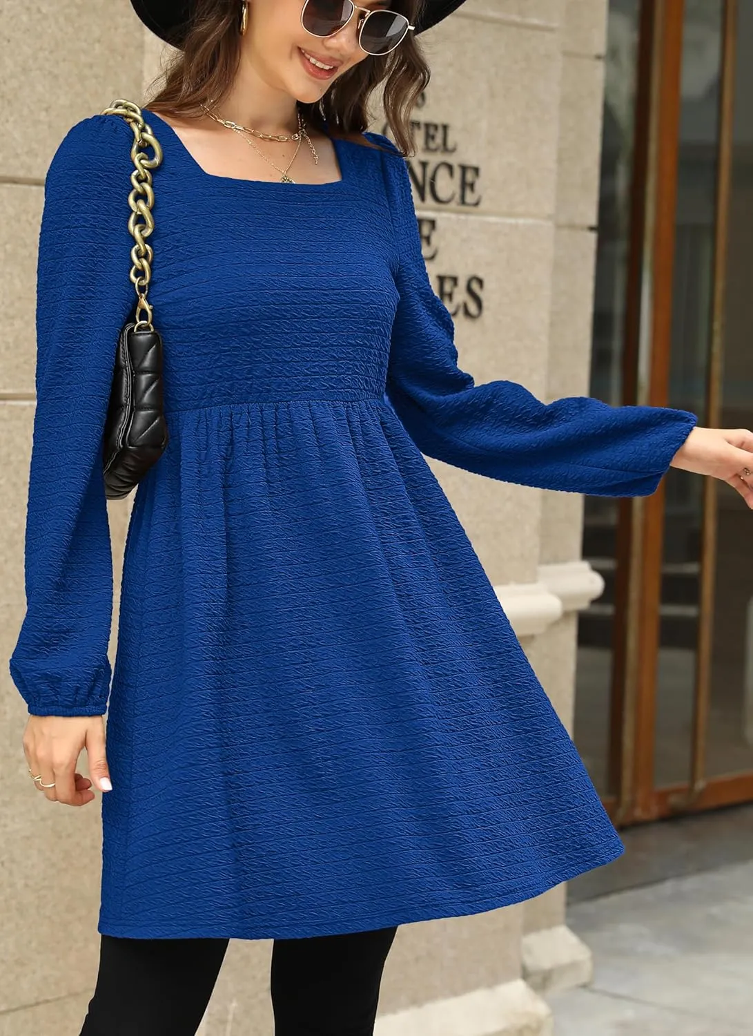 Womens Babydoll Dresses Square Neck Long Sleeve Knee Length Flowy Swing Shirring Mini Dresses Fall Dress