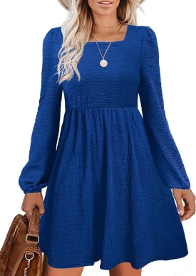 Womens Babydoll Dresses Square Neck Long Sleeve Knee Length Flowy Swing Shirring Mini Dresses Fall Dress