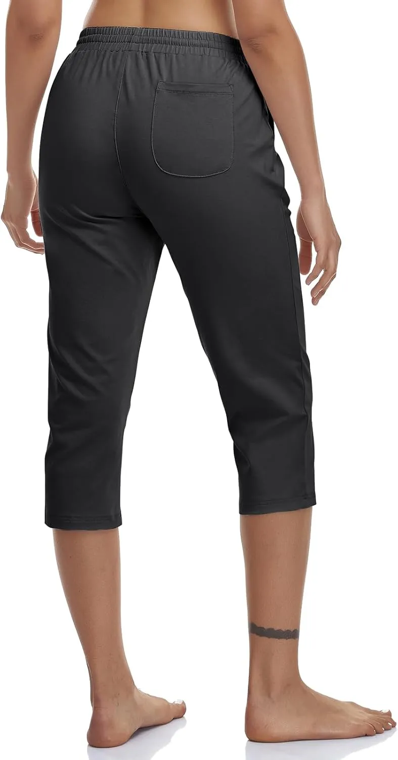 Women's Capri Pants Cotton Jersey Yoga Capris Drawstring Joggers Workout Sweatpants Loose Lounge Crop Pants Pockets