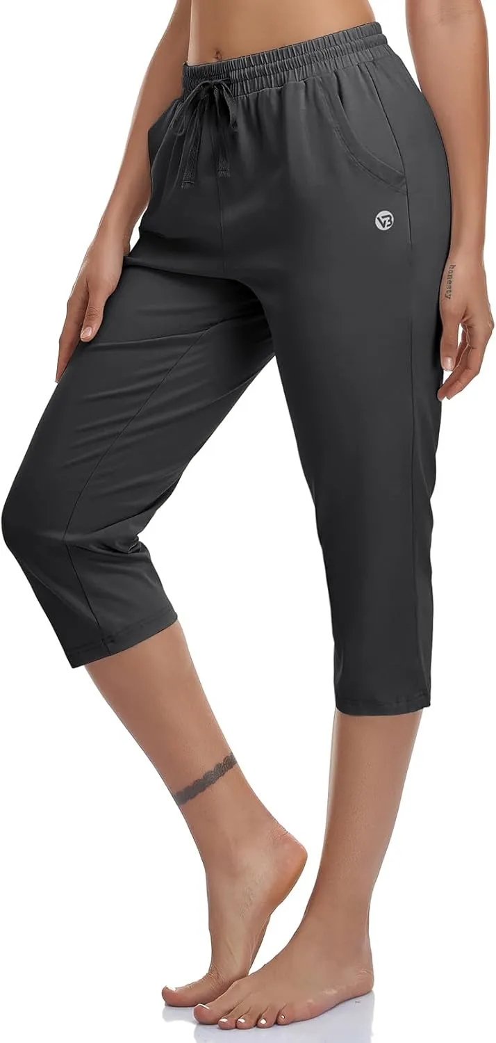 Women's Capri Pants Cotton Jersey Yoga Capris Drawstring Joggers Workout Sweatpants Loose Lounge Crop Pants Pockets
