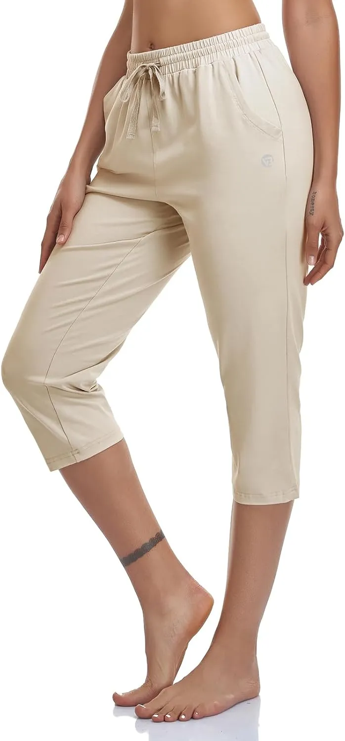 Women's Capri Pants Cotton Jersey Yoga Capris Drawstring Joggers Workout Sweatpants Loose Lounge Crop Pants Pockets