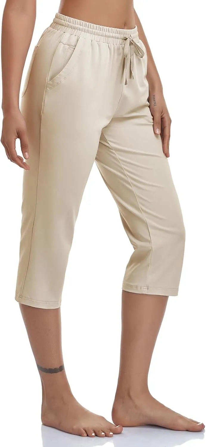 Women's Capri Pants Cotton Jersey Yoga Capris Drawstring Joggers Workout Sweatpants Loose Lounge Crop Pants Pockets