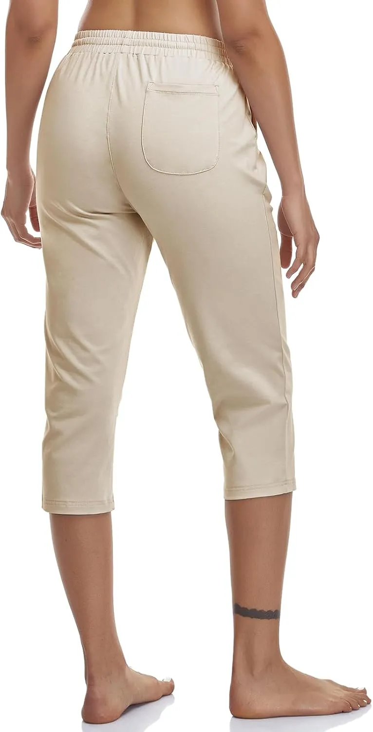 Women's Capri Pants Cotton Jersey Yoga Capris Drawstring Joggers Workout Sweatpants Loose Lounge Crop Pants Pockets