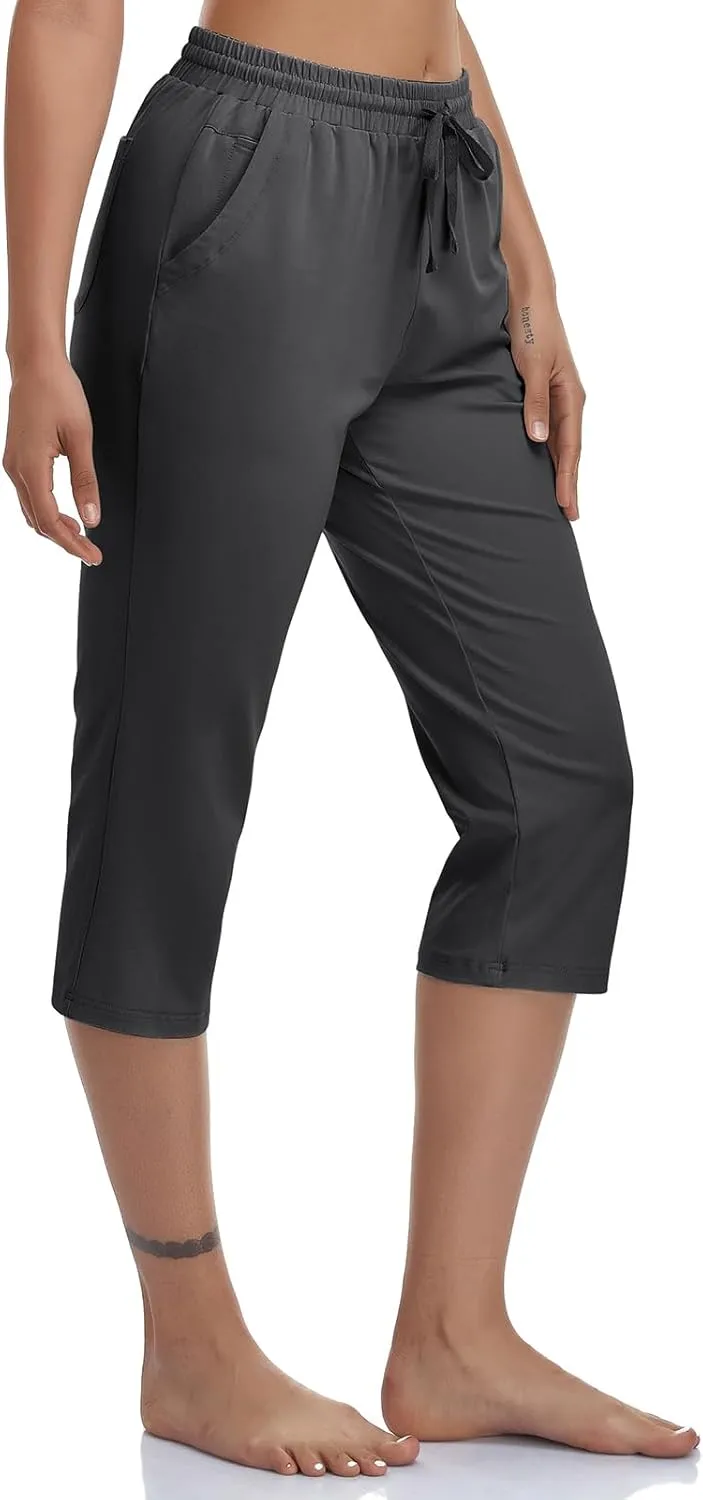 Women's Capri Pants Cotton Jersey Yoga Capris Drawstring Joggers Workout Sweatpants Loose Lounge Crop Pants Pockets