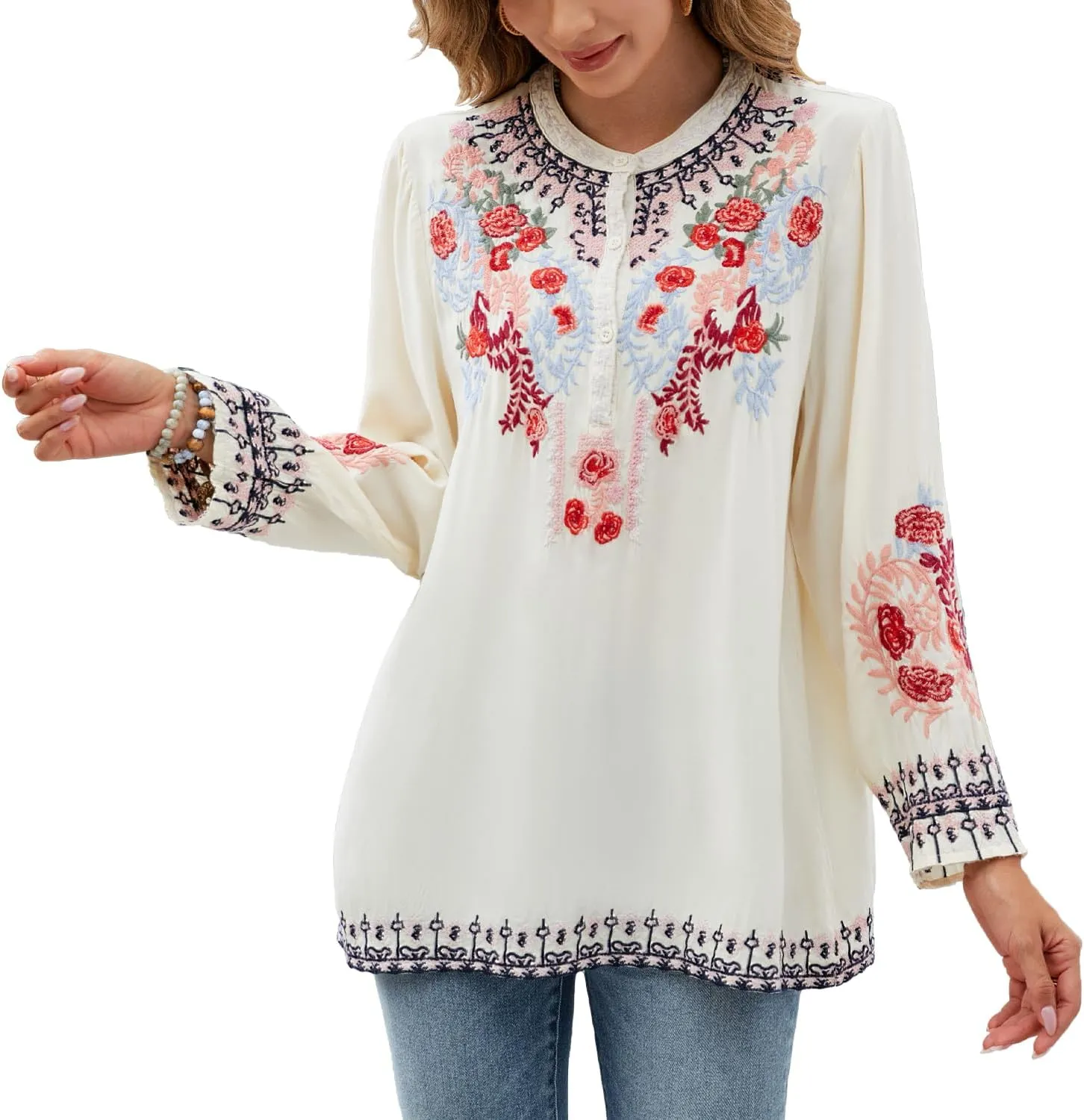 Womens Fall Fashion Long Sleeve Mexican Shirts Embroidered Tops Peasant Blouses Boho Clothes for WomenTrendy