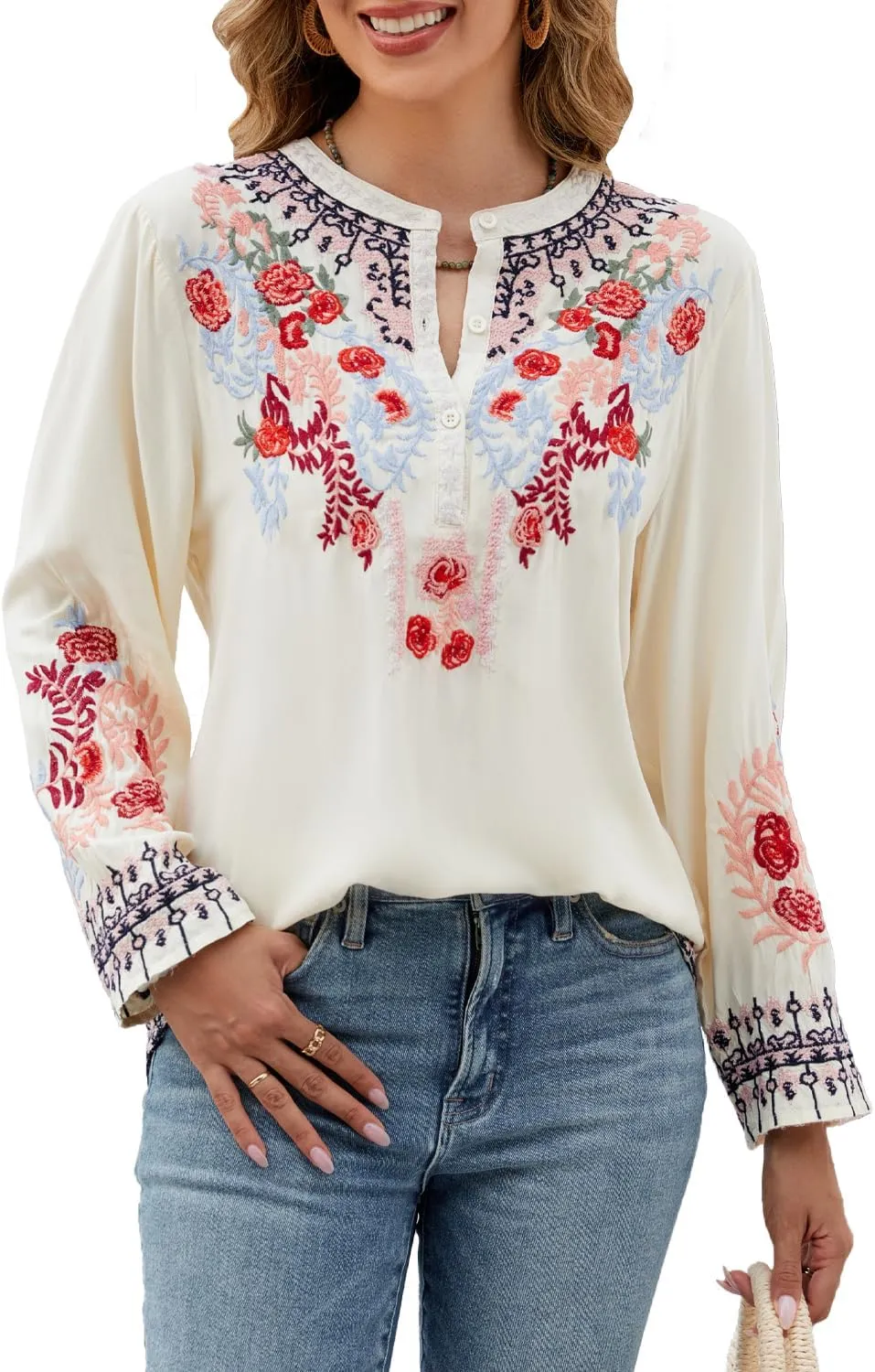 Womens Fall Fashion Long Sleeve Mexican Shirts Embroidered Tops Peasant Blouses Boho Clothes for WomenTrendy